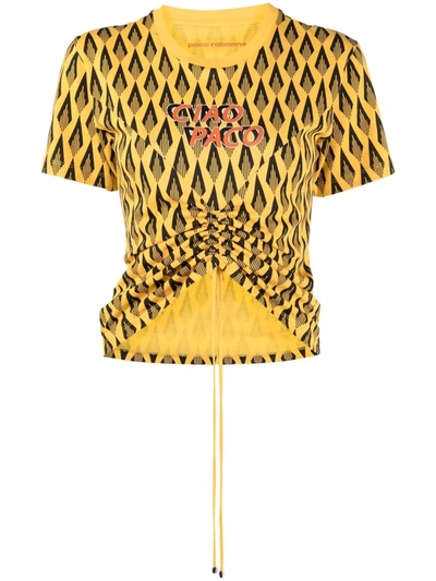 Rabanne Cropped Ruched Printed Cotton-jersey T-shirt In Yellow