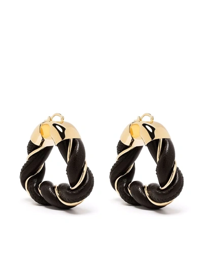 Shop Bottega Veneta Twisted Triangle Hoop Earrings In 2113 Black Gold