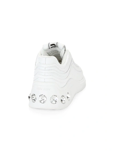 Shop Miu Miu Women's Silver Miu Jewelled Chunky Leather Sneakers In Bianco