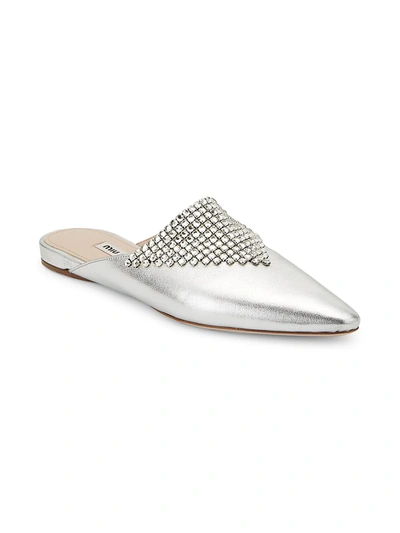 Shop Miu Miu Women's Crystal-embellished Metallic Leather Mules In Argento