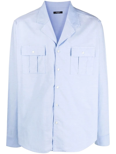 Shop Balmain Flap-pocket Cotton Shirt In Blau