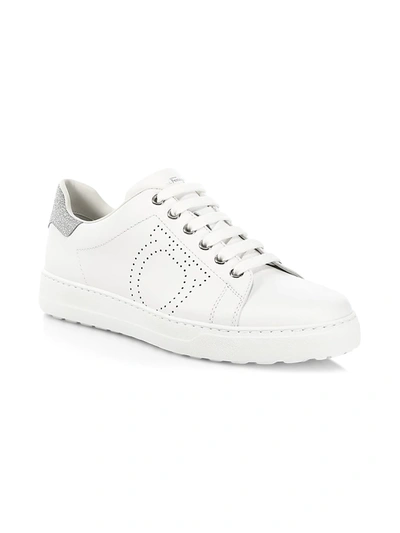 Shop Ferragamo Pierre Glitter-patch Leather Low-top Sneakers In White
