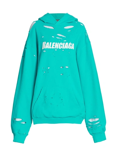 Shop Balenciaga Destroyed Logo Hoodie In Turquoise