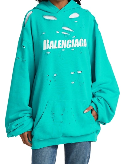 Shop Balenciaga Destroyed Logo Hoodie In Turquoise