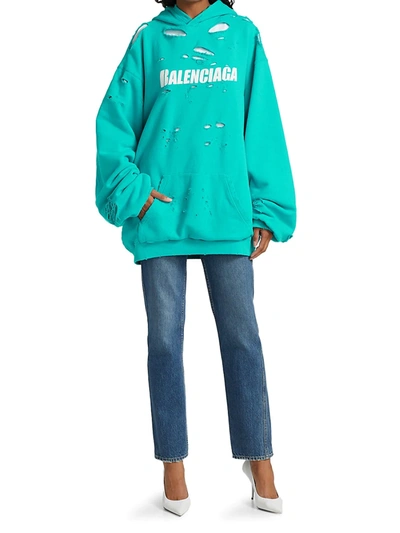 Shop Balenciaga Destroyed Logo Hoodie In Turquoise
