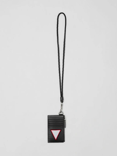 Shop Burberry Badge Appliqué Leather Card Case Lanyard In Black