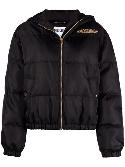 Shop Moschino Lettering Logo Puffer Jacket In 黑色