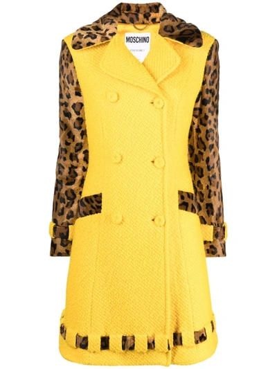 Shop Moschino Leopard-print Bouclé Double-breasted Coat In 黄色