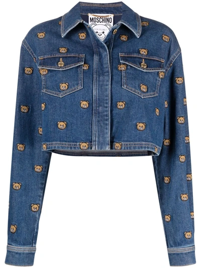 Shop Moschino Teddy Bear Embroidered Denim Jacket In 蓝色