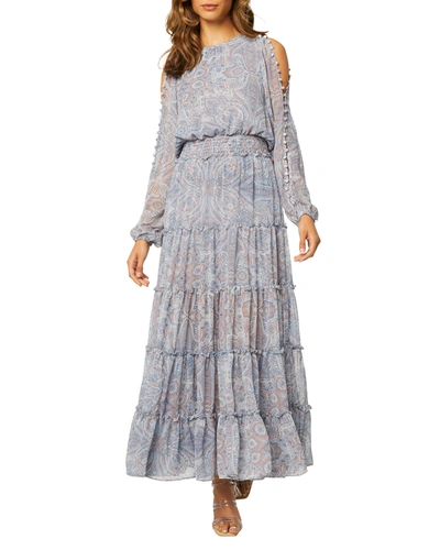 Shop Misa Anya Tiered Cold-shoulder Floral Maxi Dress In Washed Tile