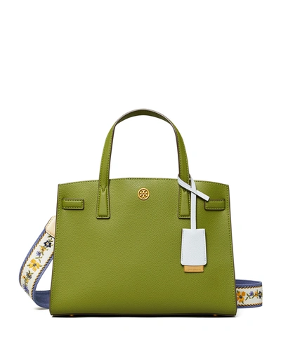 Shop Tory Burch Walker Leather Small Satchel Bag W/ Floral Strap In Spinach