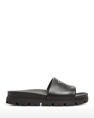 Shop Prada Men's Leather Logo Slide Sandals In Nero