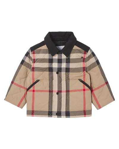 Shop Burberry Boy's Renfred Check Diamond Quilted Jacket In Archive Beige Ip