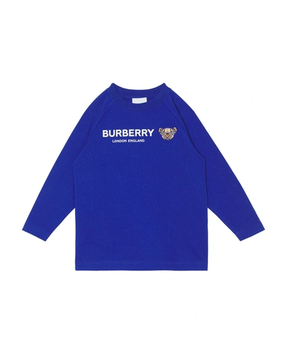 Shop Burberry Boy's Logo Vintage Check Bear Long-sleeve Shirt In Cobalt Blue