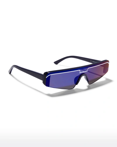 Shop Balenciaga Men's Mirrored Shield Acetate Sunglasses In 408 Shiny Blue