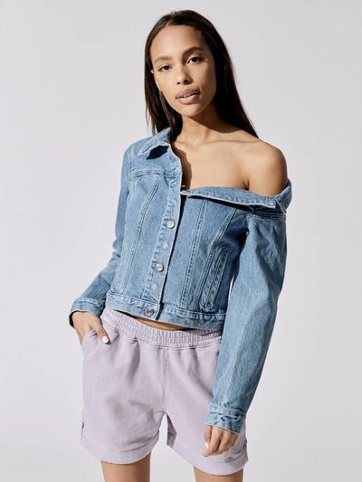 Rta Rebecca Off-the-shoulder Trucker Jacket In Natural Blue