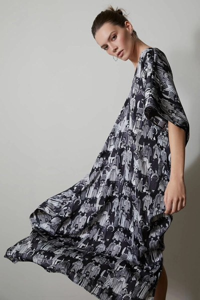 Shop Natori Dynasty Caftan Micro Satin Print Dress In Black/grey
