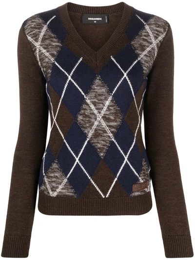 Shop Dsquared2 Argyle Check V-neck Jumper In Braun