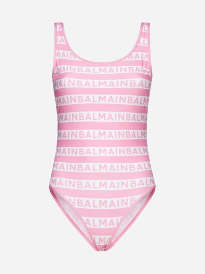 Shop Balmain Logo-striped Print Swimsuit