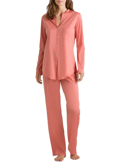 Shop Hanro Cotton Deluxe Knit Pajama Set In Carnation