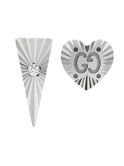 Shop Gucci 18kt White Gold And Diamond Asymmetric Stud Earrings In Silver