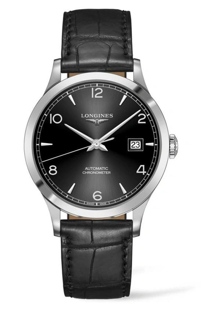 Shop Longines Record Alligator Leather Strap Automatic Watch, 40mm In Black/ Silver