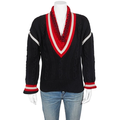 Shop Burberry Ladies Black Crochet Collar Wool Cashmere Cricket Sweater, Size Large