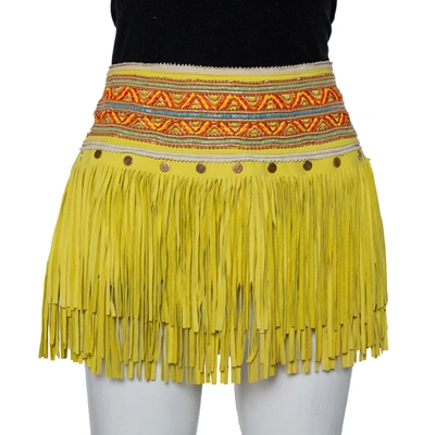 Pre-owned Just Cavalli Neon Yellow Leather Fringed Tribal Mini Skirt M