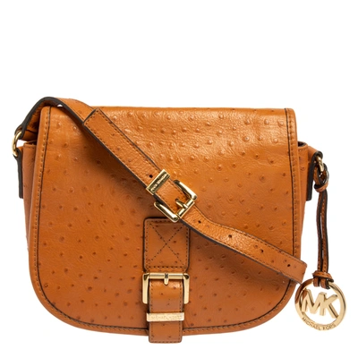 Pre owned Michael Michael Kors Brown Ostrich Embossed Leather Buckle Flap Crossbody Bag ModeSens