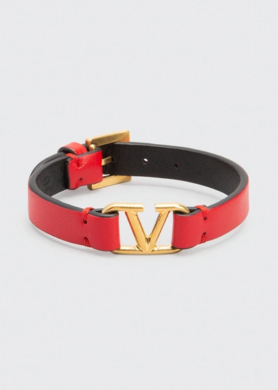 Shop Valentino Vlogo Leather Bracelet In Red Black