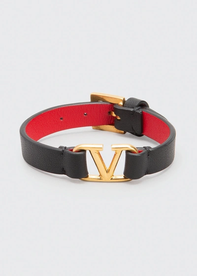 Shop Valentino Vlogo Leather Bracelet In Black/red