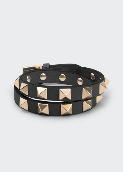 Shop Valentino Rockstud Leather Double Wrap Bracelet In Nero