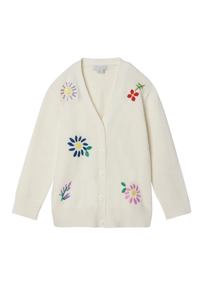 Shop Stella Mccartney Girl's Floral Embroidered Rib Knit Cardigan In 9100 Ivory