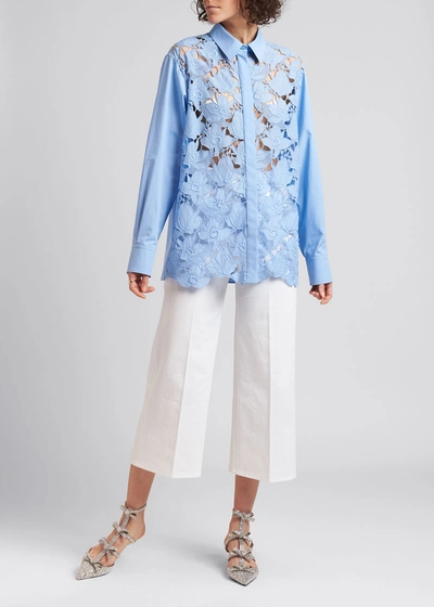 Shop Valentino Lace Front Button-down Blouse In Lt Blue