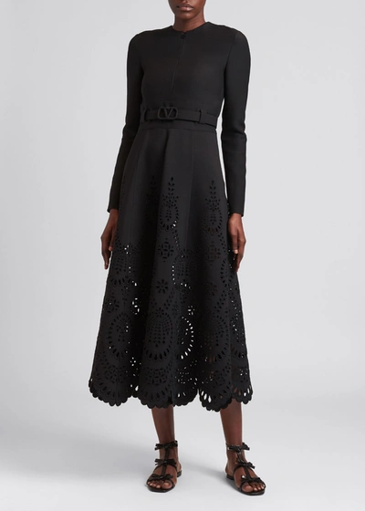 Shop Valentino Sangallo Embroidered Belted Midi Dress In Black