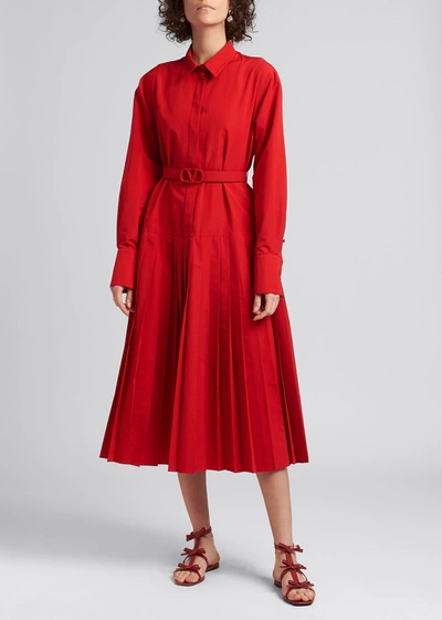 Shop Valentino Belted Pleated Midi Shirtdress In Red