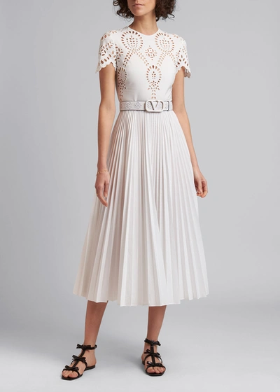 Shop Valentino Sangallo-embroidered Pleated-skirt Midi Dress In White