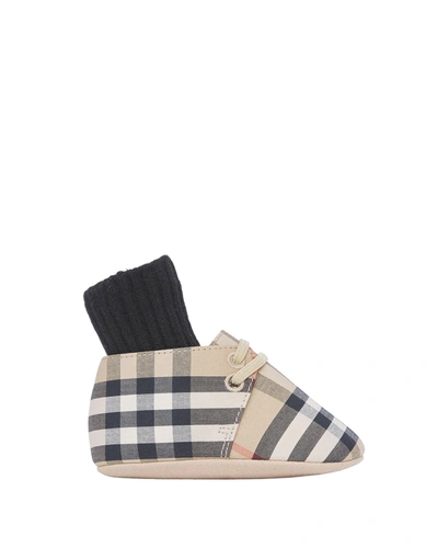 Shop Burberry Baby Chalburyul Vintage Check Booties W/ Rib Socks, Sizes Newborn-12m In Archive Beige