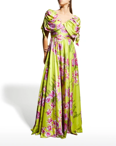 Shop Jovani Floral-print Ruched Drape-sleeve A-line Gown In Multi