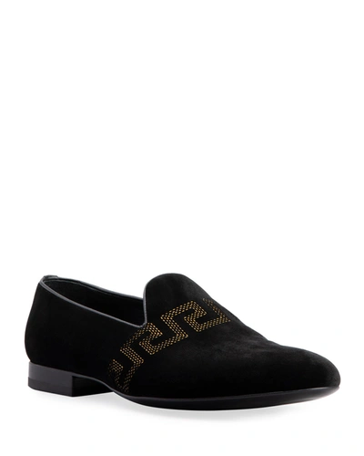 Shop Versace Men's Greek Key Velvet Smoking Slipper Loafers In Black Gold