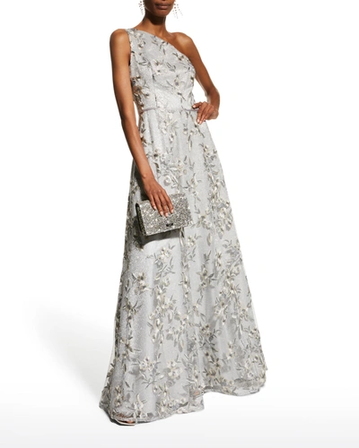 Shop Aidan Mattox One-shoulder Floral A-line Gown In Silver