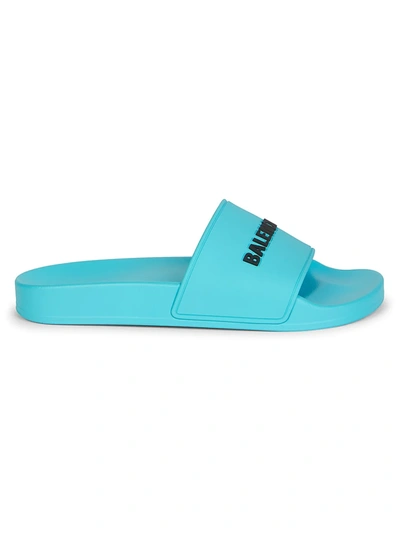 Shop Balenciaga Men's Contrast Logo Pool Slide Sandals In Turquoise Black