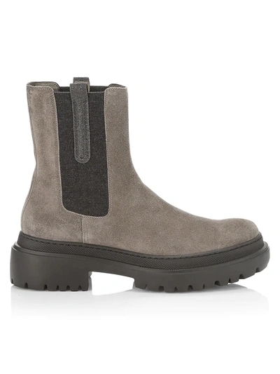 Shop Brunello Cucinelli Embellished Lug-sole Suede Chelsea Boots In Ossido