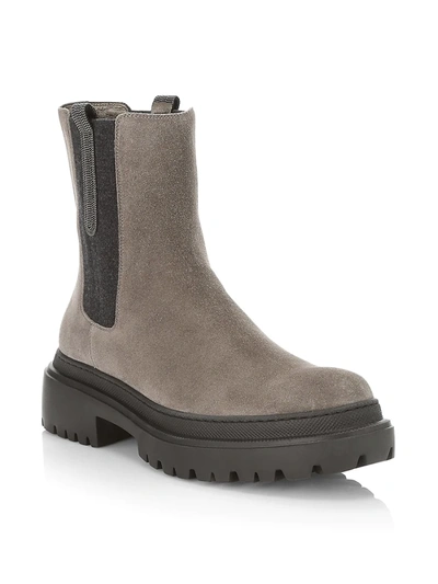 Shop Brunello Cucinelli Embellished Lug-sole Suede Chelsea Boots In Ossido