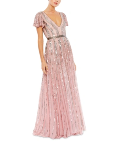 Shop Mac Duggal Short-sleeve Sequined Gown In Rose Pink