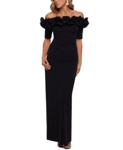 Shop Xscape Ruffled Off-the-shoulder Gown In Black