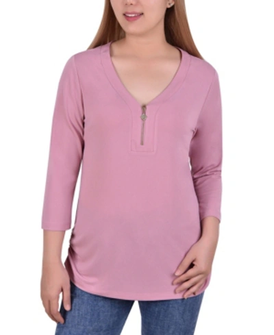 Shop Ny Collection Women's Long Sleeve Crepe Knit V Neck Top With Zipper In Mauve