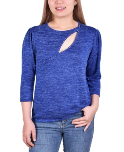 Ny Collection Women's 3/4 Sleeve Cutout Neck Top With Studs In Blue