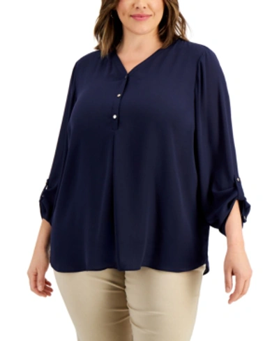 Shop Jm Collection Plus Size Roll-sleeve Top, Created For Macy's In Intrepid Blue