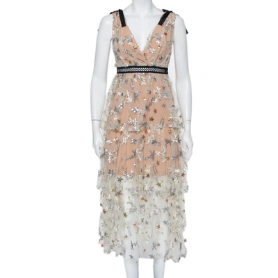 Pre-owned Self-portrait Beige Embroidered Tulle Plunge Neck Tiered Midi Dress S